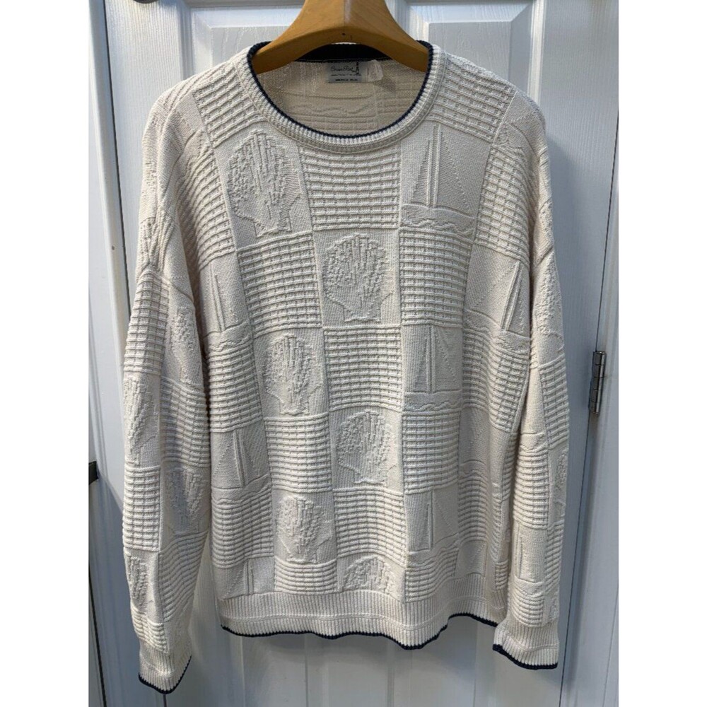 Vintage Crown Point Cotton Nautical Sweater U.S.A Sailboats Seashells Cream XXL